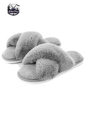 Fuzzy Cross Band Open Toe Slippers